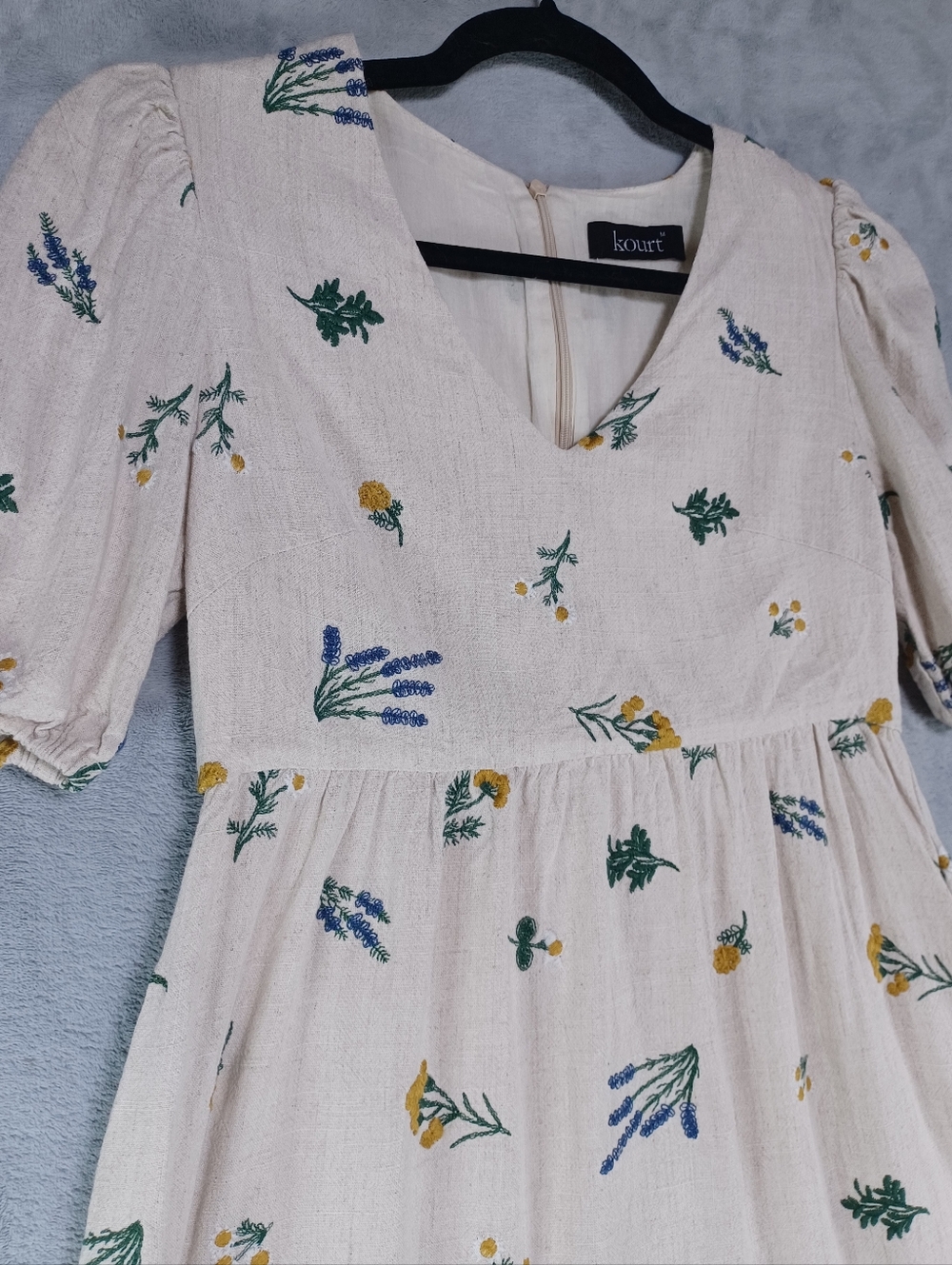 Kourt Midi Dress Med Embroidered Floral Puff Sleeve Pockets Cottagecore Prairie - Picture 4 of 13